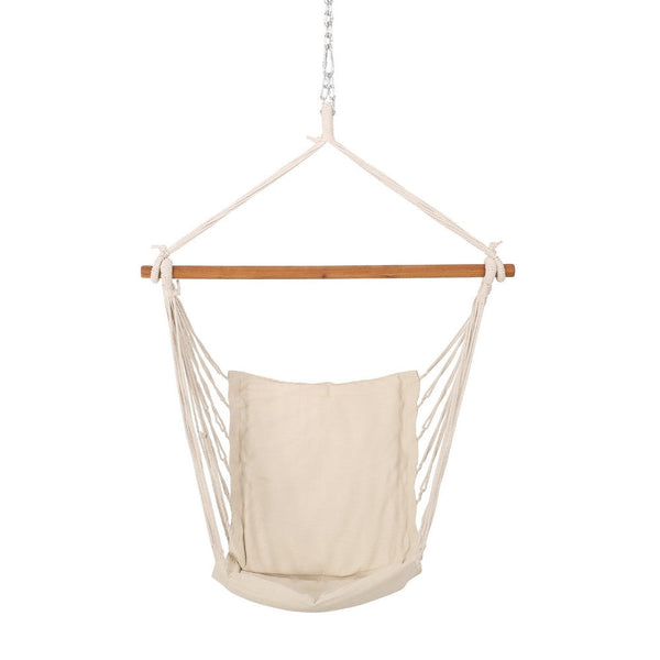 Grif Hanging Chair Hammock, Teak Brown Larch Wood Bar, Cream White -BM335779