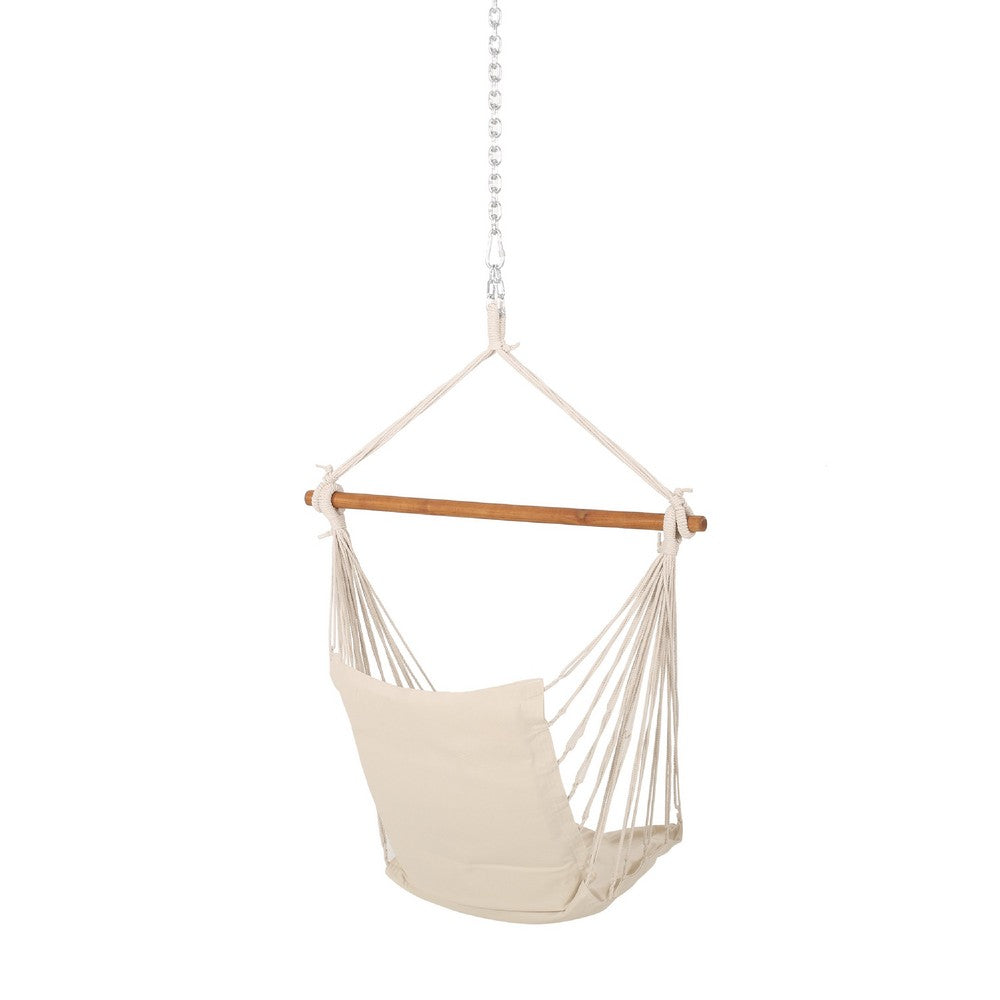 Grif Hanging Chair Hammock, Teak Brown Larch Wood Bar, Cream White -BM335779