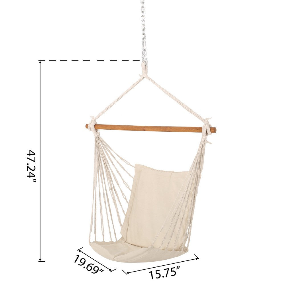 Grif Hanging Chair Hammock, Teak Brown Larch Wood Bar, Cream White -BM335779