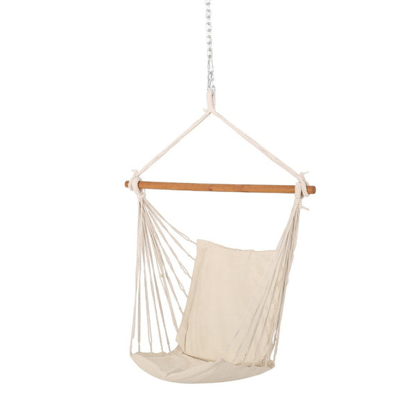 Grif Hanging Chair Hammock, Teak Brown Larch Wood Bar, Cream White -BM335779