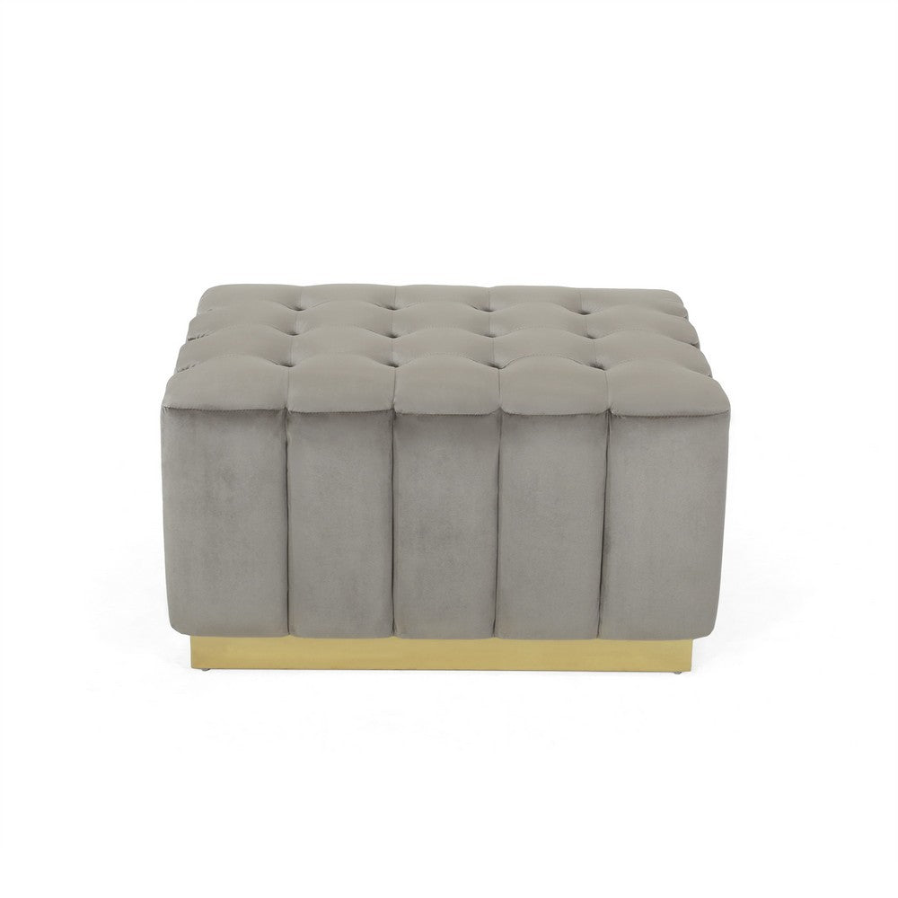 Nez Ottoman, 33 Inch, Waffle Button Tufting Gray Velvet, Gold Base -BM335781