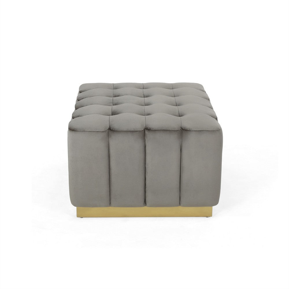 Nez Ottoman, 33 Inch, Waffle Button Tufting Gray Velvet, Gold Base -BM335781