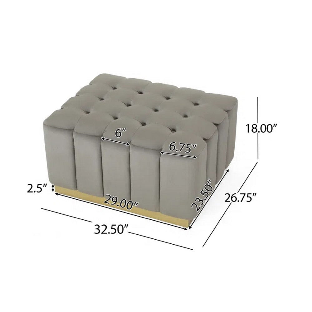 Nez Ottoman, 33 Inch, Waffle Button Tufting Gray Velvet, Gold Base -BM335781