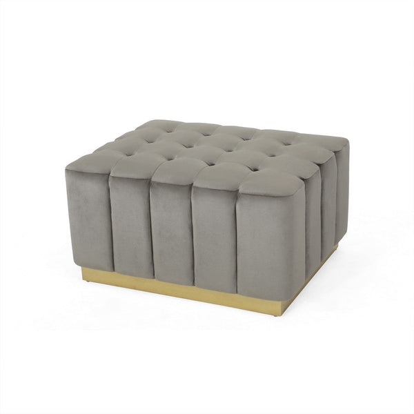 Nez Ottoman, 33 Inch, Waffle Button Tufting Gray Velvet, Gold Base -BM335781