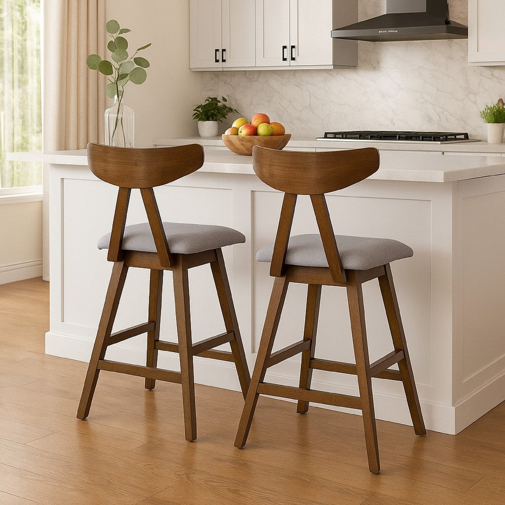 Lemy Counter Stool Chair Set of 2, Walnut Brown Wood, Dark Gray -BM335792