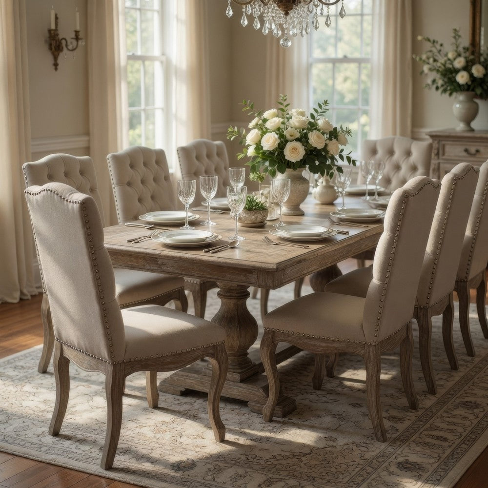 Cen Dining Side Chair Set of 2, Beige Tufted Back, Gray Wood Legs -BM335795
