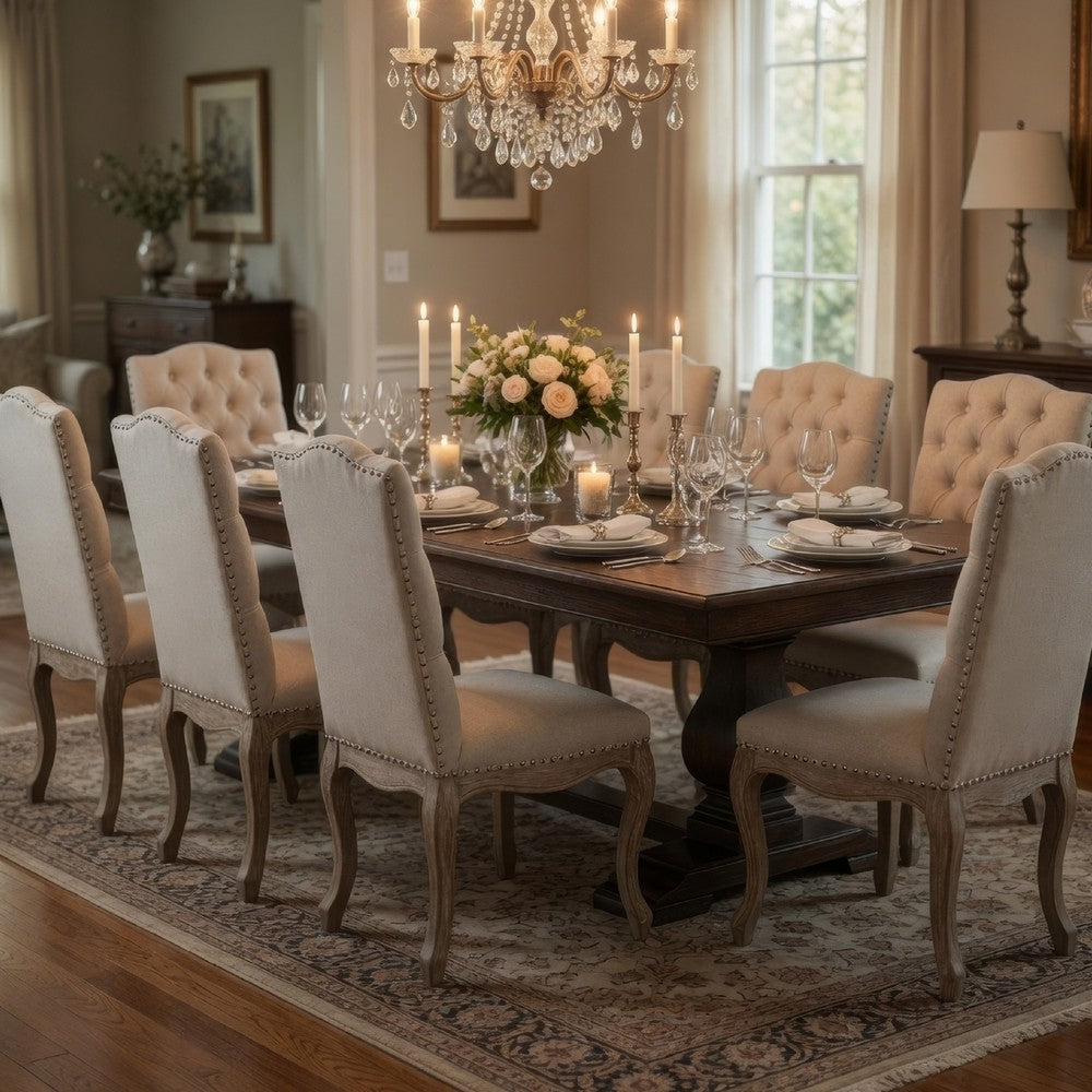 Cen Dining Side Chair Set of 2, Beige Tufted Back, Gray Wood Legs -BM335795