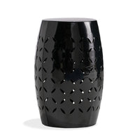 Lica Patio Side End Table, Barrel Shaped Lace Cut, 12 Inch Black Iron -BM335806