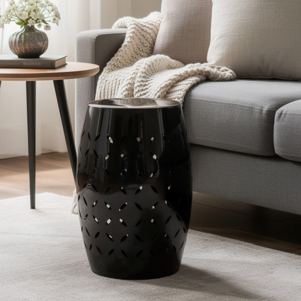 Lica Patio Side End Table, Barrel Shaped Lace Cut, 12 Inch Black Iron -BM335806