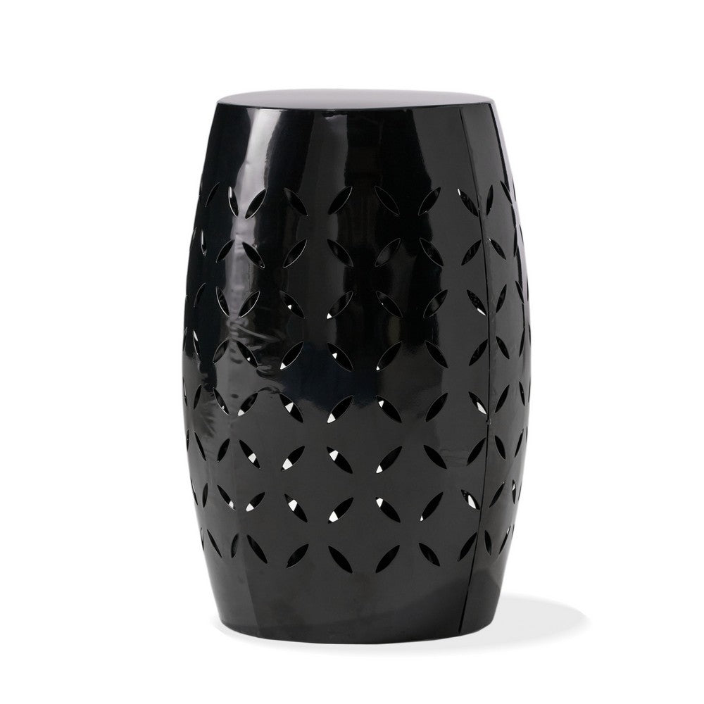 Lica Patio Side End Table, Barrel Shaped Lace Cut, 12 Inch Black Iron -BM335806
