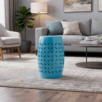 Lica Patio Side End Table, Barrel Shaped Lace Cut, 12 Inch Blue Iron -BM335807