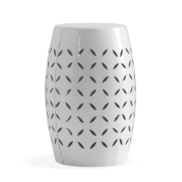 Lica Patio Side End Table, Barrel Shaped Lace Cut, 12 Inch White Iron -BM335808