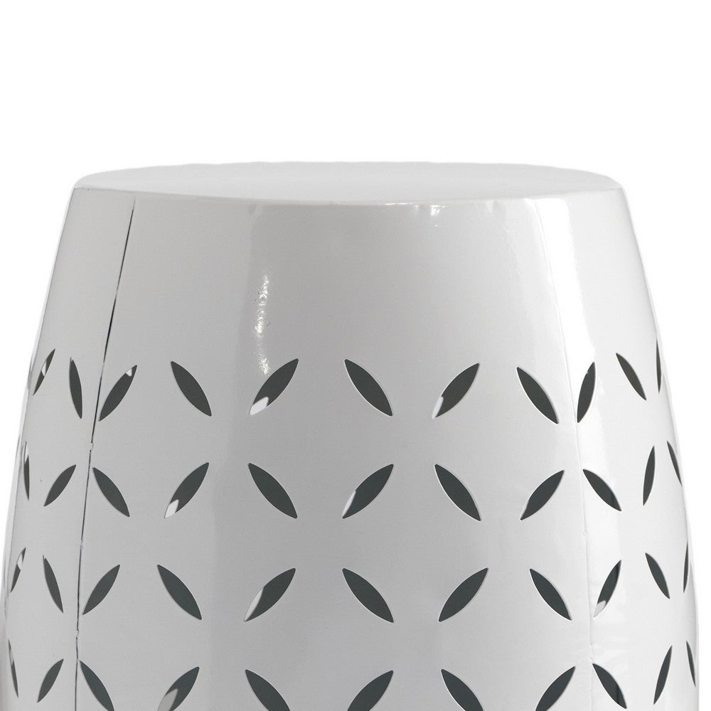 Lica Patio Side End Table, Barrel Shaped Lace Cut, 12 Inch White Iron -BM335808