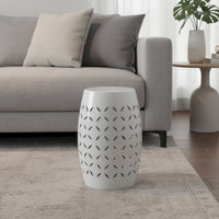 Lica Patio Side End Table, Barrel Shaped Lace Cut, 12 Inch White Iron -BM335808