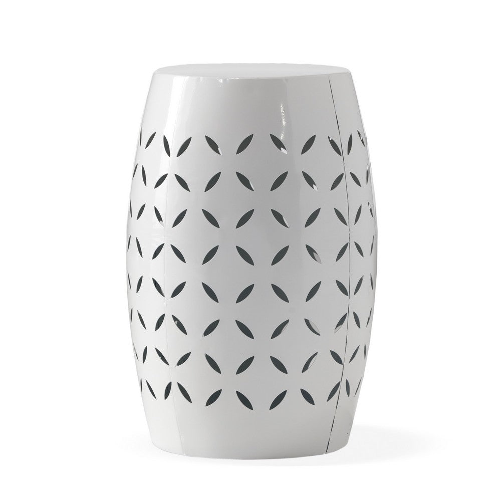 Lica Patio Side End Table, Barrel Shaped Lace Cut, 12 Inch White Iron -BM335808