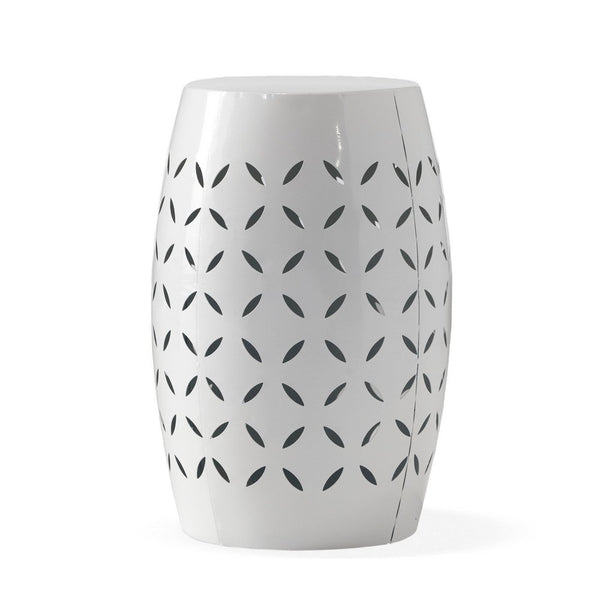 Lica Patio Side End Table, Barrel Shaped Lace Cut, 12 Inch White Iron -BM335808