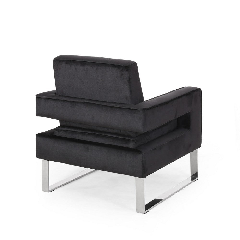 Club Armchair, Black Velvet Upholstery, Modern Stainless Steel Legs -BM335812