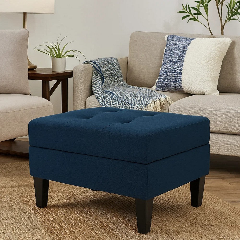 Voil Storage Ottoman, 28 Inch, Navy Blue Fabric, Tapered Wood Legs -BM335813