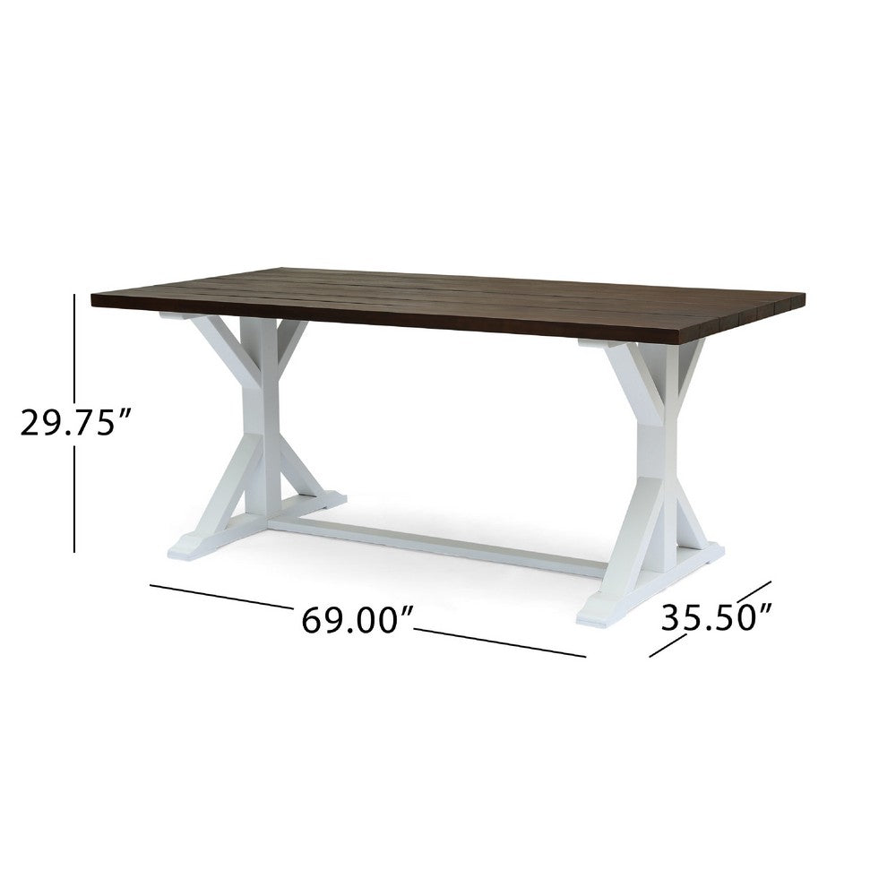 Indoor/Outdoor Dining Table, 69 Inch Brown Rectangular Wood Top, White -BM335815