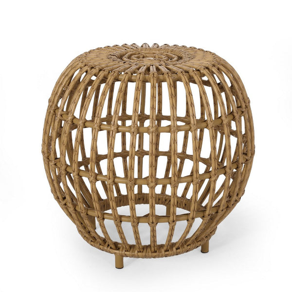 Outdoor Side Table, Open Design, 20 Inch Light Brown Woven Wicker -BM335816