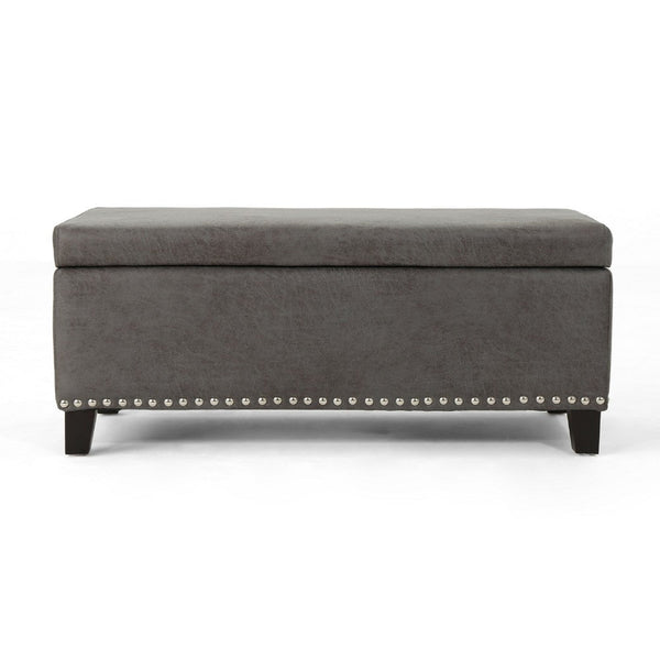 Storage Ottoman, Nailhead Trim, 39 Inch Slate Gray Microfiber Fabric -BM335820
