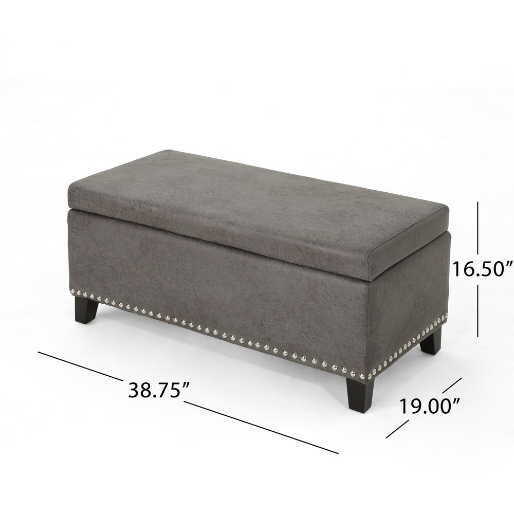 Storage Ottoman, Nailhead Trim, 39 Inch Slate Gray Microfiber Fabric -BM335820