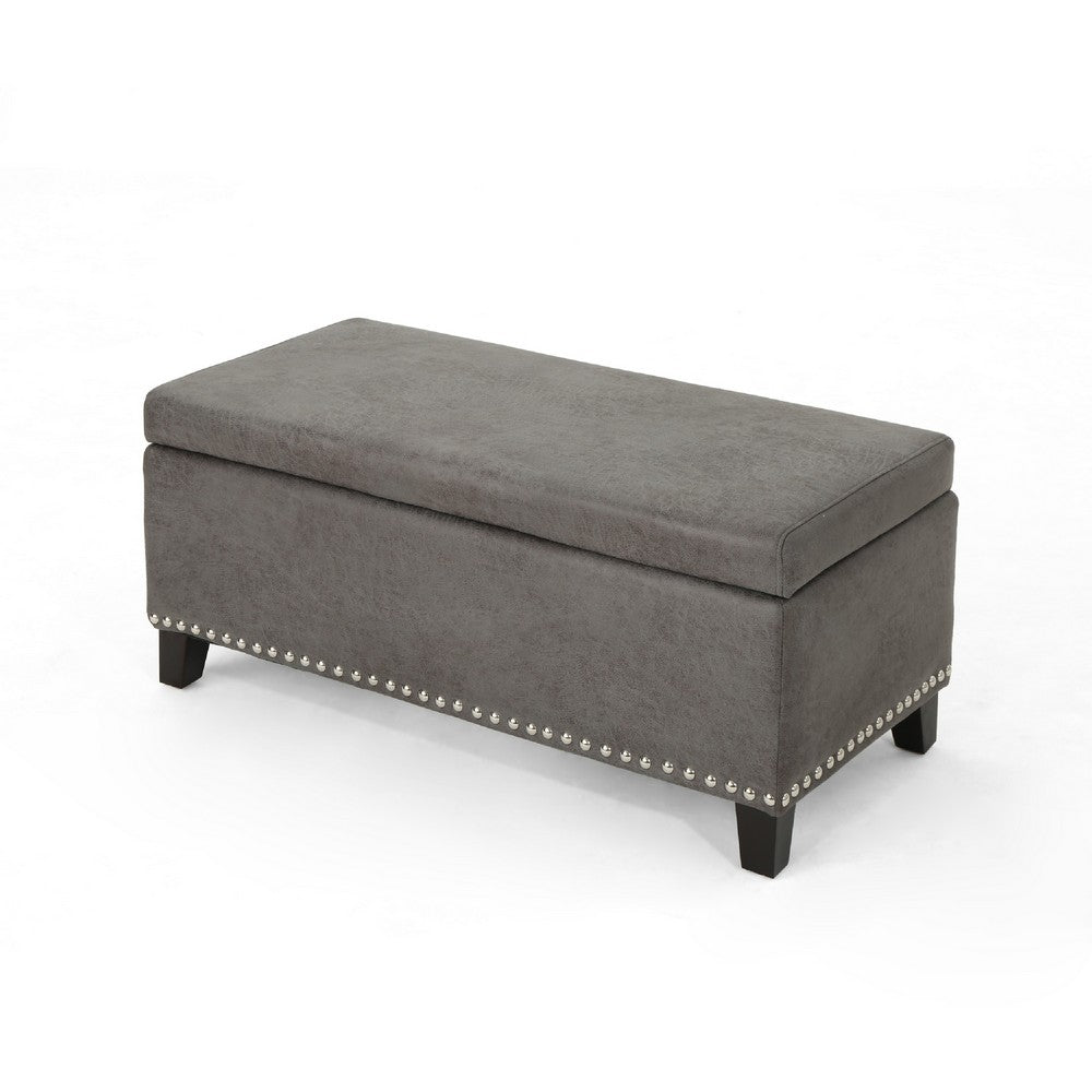 Storage Ottoman, Nailhead Trim, 39 Inch Slate Gray Microfiber Fabric -BM335820