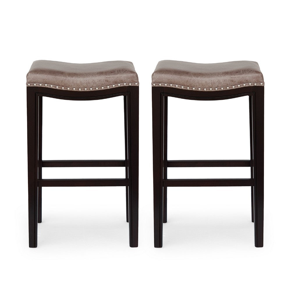 Outdoor Barstool Set of 2, Woven Fabric Seat, Brown Black Acacia Wood -BM335824