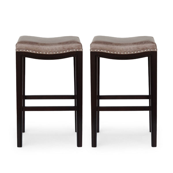Outdoor Barstool Set of 2, Woven Fabric Seat, Brown Black Acacia Wood -BM335824