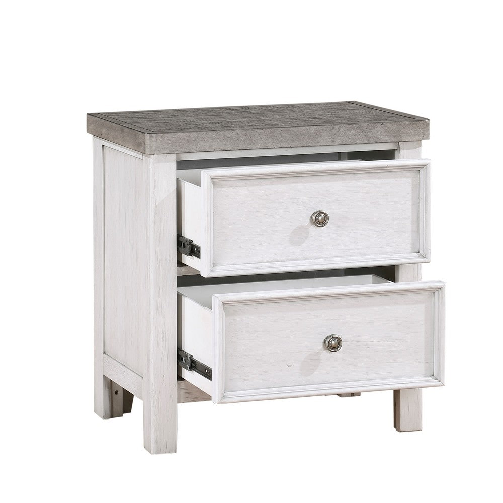 Amby Nightstand, 2 Drawers, Farmhouse Antique White, Gray Acacia Wood -BM335829