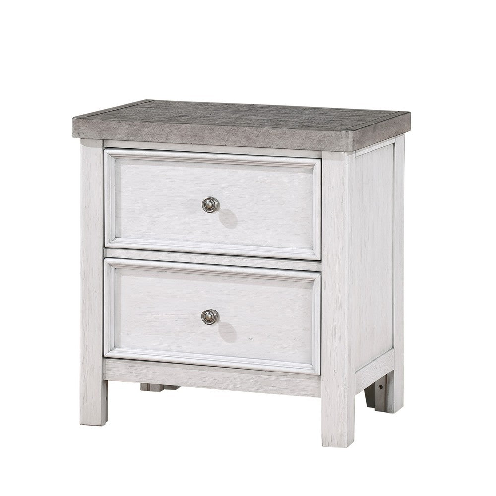 Amby Nightstand, 2 Drawers, Farmhouse Antique White, Gray Acacia Wood -BM335829