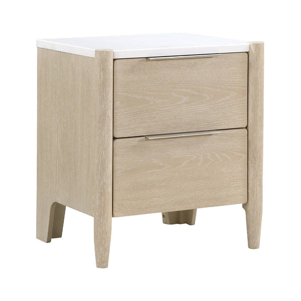 Maty Nightstand, 2 Drawers, White Marble Top, Light Oak Brown Ceruse -BM335835