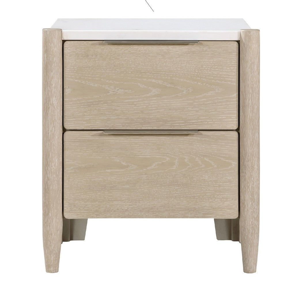 Maty Nightstand, 2 Drawers, White Marble Top, Light Oak Brown Ceruse -BM335835