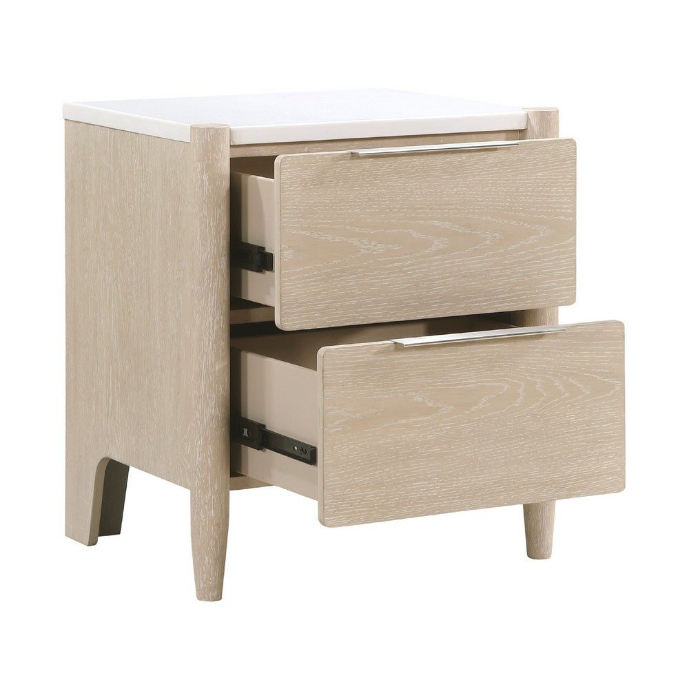 Maty Nightstand, 2 Drawers, White Marble Top, Light Oak Brown Ceruse -BM335835