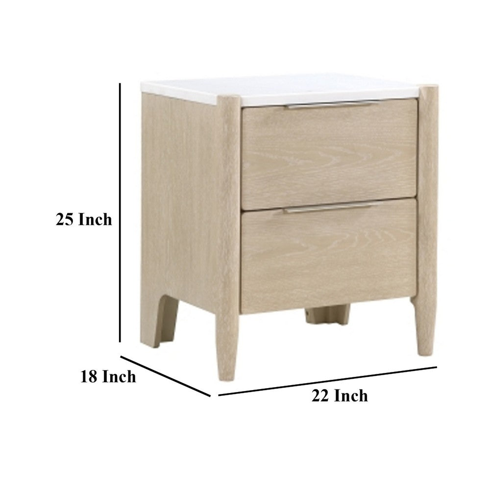 Maty Nightstand, 2 Drawers, White Marble Top, Light Oak Brown Ceruse -BM335835