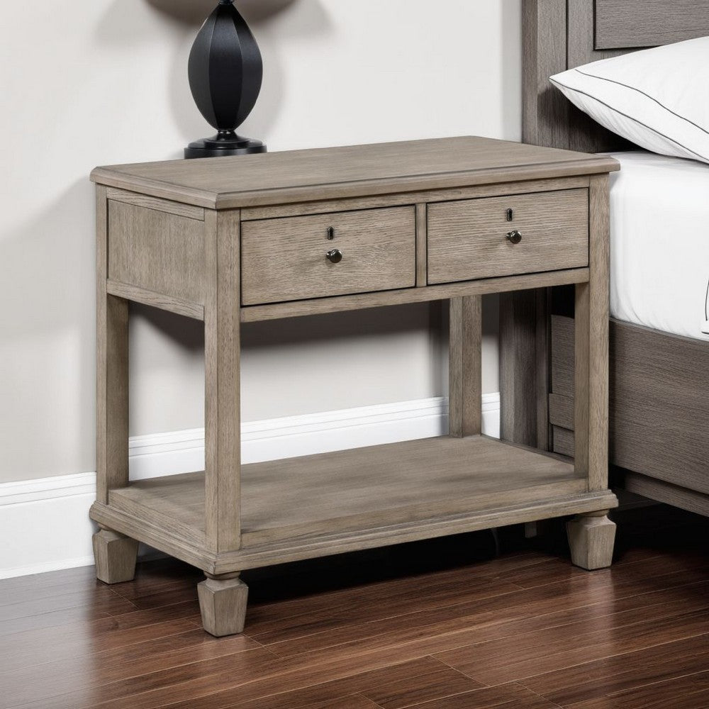 Cely Nightstand, 2 Drawers with Lower Open Shelf, Gray Oak Veneer -BM335841