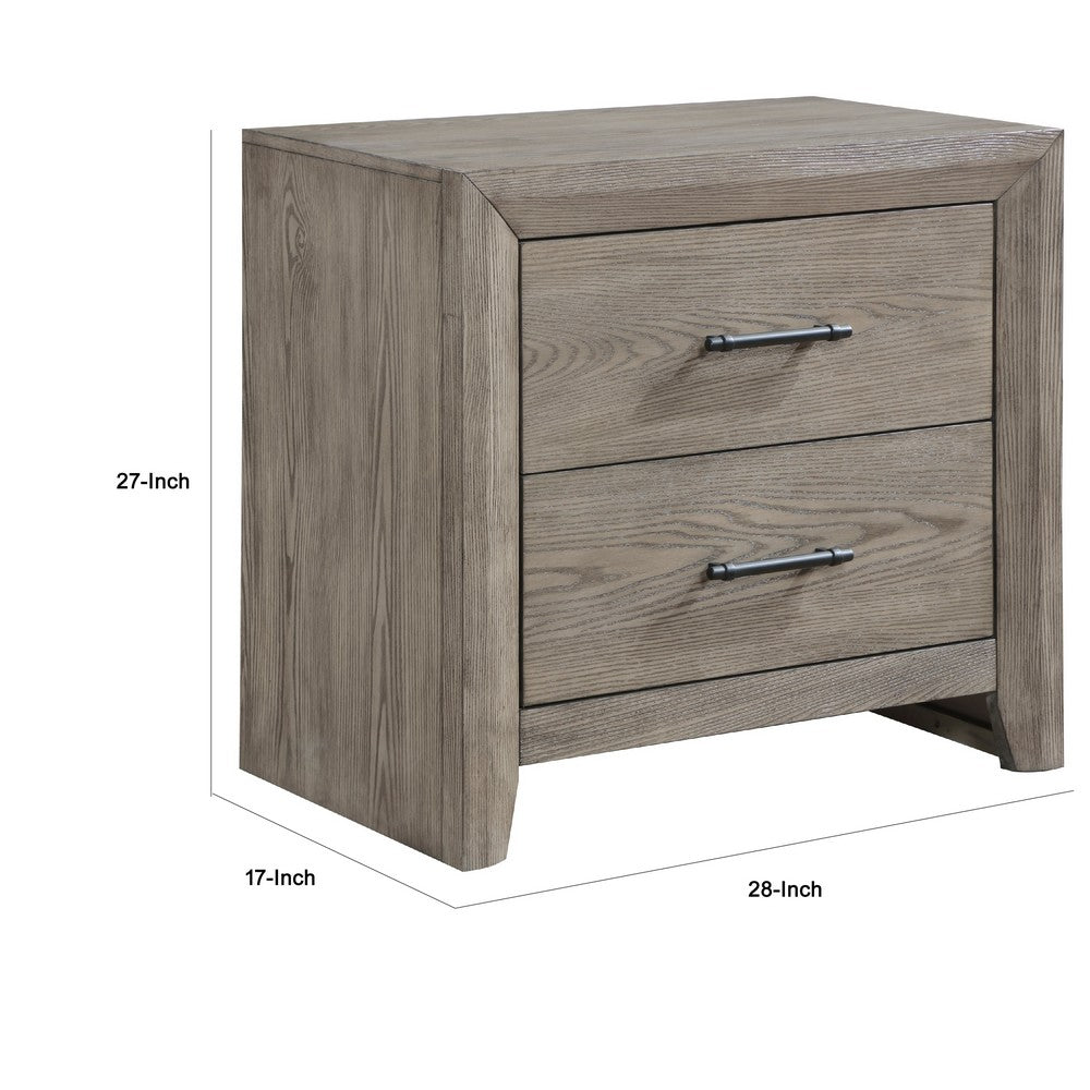 Laso Nightstand, 2 Drawers w Metal Handles, 28 Inch, Gray Acacia Wood -BM335850