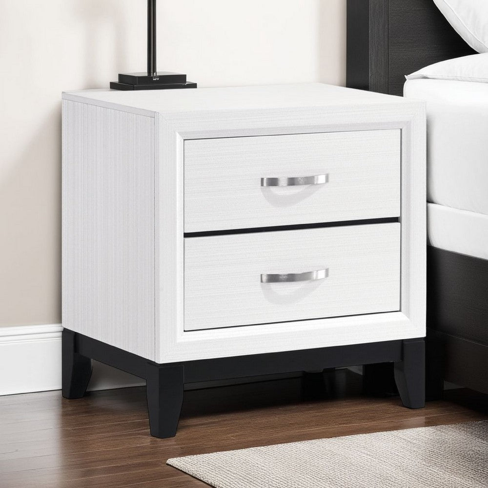 Ameya Nightstand, 2 Drawers w Chrome Handles, White and Black, 25 Inch -BM335853