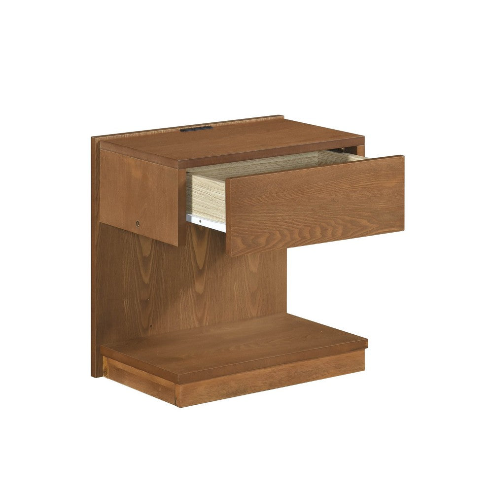 C Shaped End Table, 1 Drawer USB Port, 18 Inch, Wire Brush Brown Wood -BM335861