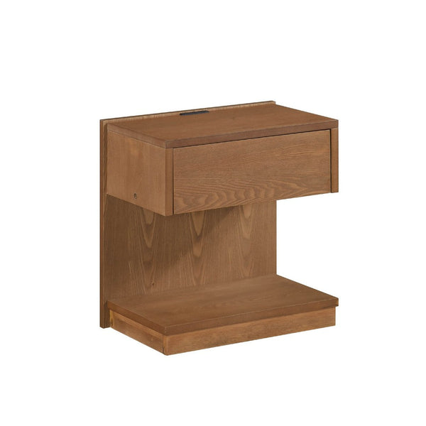 C Shaped End Table, 1 Drawer USB Port, 18 Inch, Wire Brush Brown Wood -BM335861