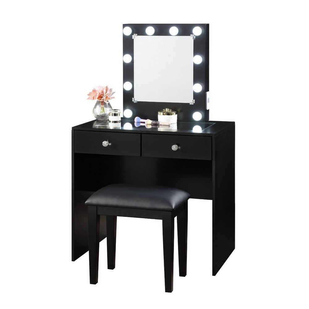 Hudi Makeup Vanity and Stool Set, 10 Lights, USB Power Outlet, Black -BM335862