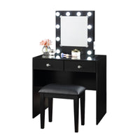 Hudi Makeup Vanity and Stool Set, 10 Lights, USB Power Outlet, Black -BM335862