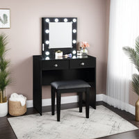 Hudi Makeup Vanity and Stool Set, 10 Lights, USB Power Outlet, Black -BM335862