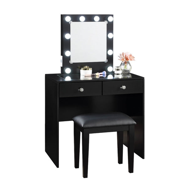 Hudi Makeup Vanity and Stool Set, 10 Lights, USB Power Outlet, Black -BM335862