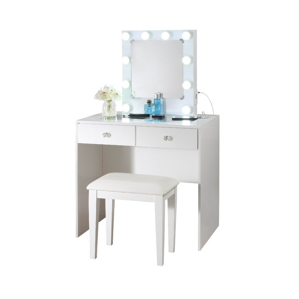 Hudi Makeup Vanity and Stool Set, 10 Lights, USB Power Outlet, White -BM335864