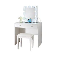 Hudi Makeup Vanity and Stool Set, 10 Lights, USB Power Outlet, White -BM335864