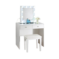 Hudi Makeup Vanity and Stool Set, 10 Lights, USB Power Outlet, White -BM335864