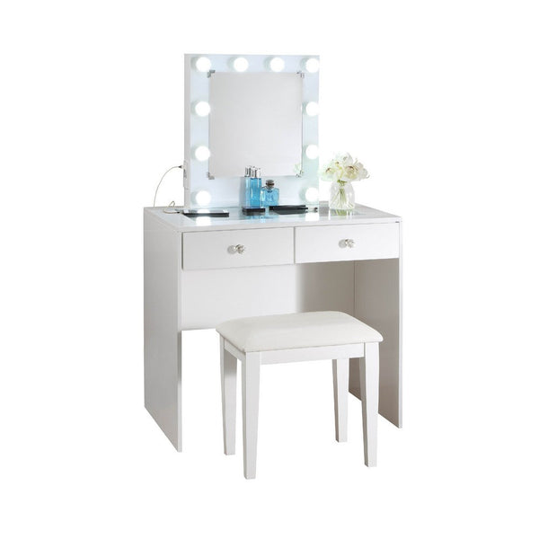 Hudi Makeup Vanity and Stool Set, 10 Lights, USB Power Outlet, White -BM335864