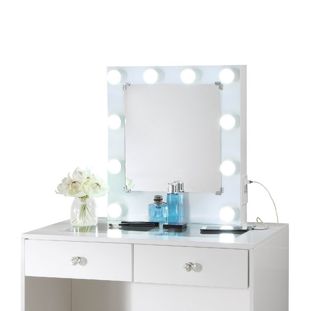 Hudi Makeup Vanity and Stool Set, 10 Lights, USB Power Outlet, White -BM335864