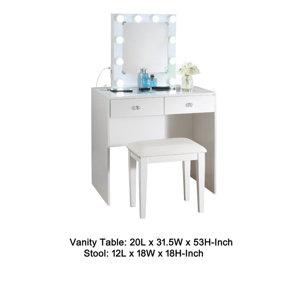 Hudi Makeup Vanity and Stool Set, 10 Lights, USB Power Outlet, White -BM335864